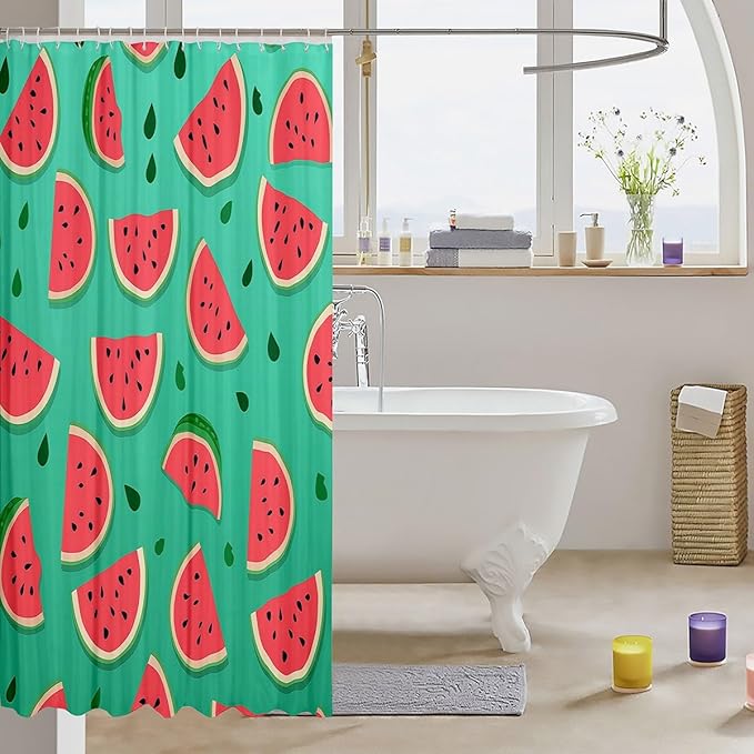 Feelyou Watermelon Shower Curtain Cartoon Watermelon Fabric Shower Curtain for Kids Boys Girls Fruit Bathroom Waterproof Accessories with 12 Hooks Red Green Curtains,72x84 Inches