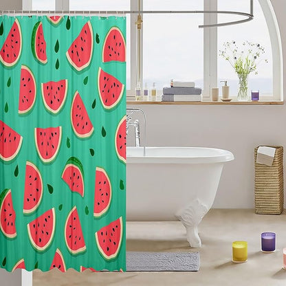 Feelyou Watermelon Shower Curtain Cartoon Watermelon Fabric Shower Curtain for Kids Boys Girls Fruit Bathroom Waterproof Accessories with 12 Hooks Red Green Curtains,72x84 Inches