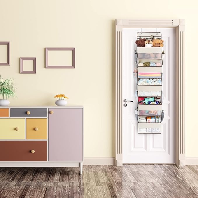 Univivi Over The Door Organizer, Wall Mount Hanging Organizer Hanging Door Organizer with 5 Large Compartments 2 Small PVC Pockets and 8 Mesh Side Pockets for Cosmetics, Toys and Sundries (Beige)