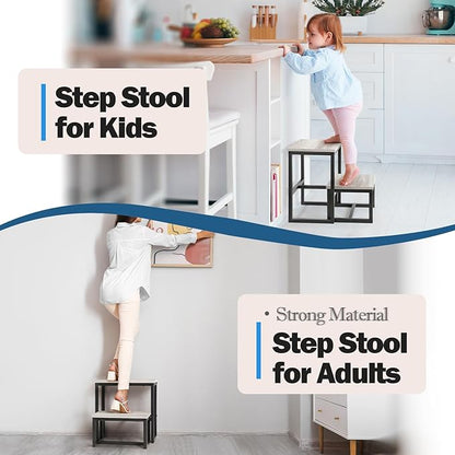 LIANTRAL Step Stools for Adults Kids, 3 in1 Heavy Duty Sturdy Two Step Stool, Supports Up to 500lb, Wooden Board Metal Frame, Foot Stool for High Bed Kitchen Bathroom - Grey