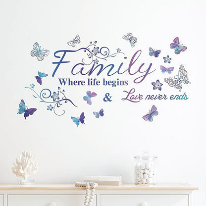 Family Wall Sticker, Inspirational Wall Decor Home Wall Decoration Warm Quotes Stickers Waterproof Removable Butterfly Sticker Letter Word Decal for Bedroom Dining Room Kitchen Wall Art Decor(Purple)