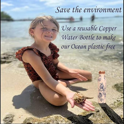 Pure Copper Water Bottle - Handcrafted - Ayurveda health benefits - Large 35 oz - Leak proof - Easy to carry for Sports, Fitness, Yoga, School - White Base Petals Vines Motifs Enamel