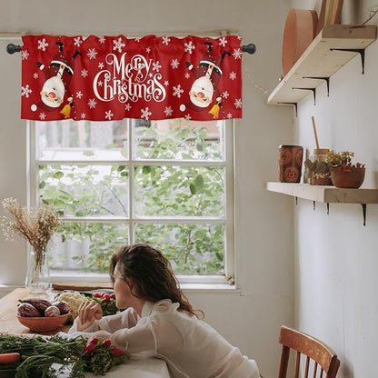 Red Merry Christmas Valance Curtains for Kitchen Windows Funny Hanging Santa Rod Pocket Window Treatment Toppers for Kitchen/Living Room/Bedroom/Bathroom, 42" X 18", Snow Winter Holiday