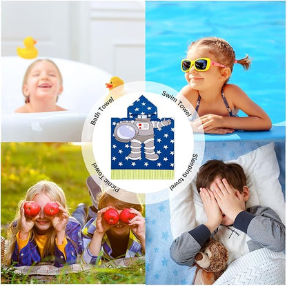 Kids Astronaut Hooded Beach Towel Boys Cute Poncho Pool Towels with Hood 24*47 in Soft Microfiber Swim Cover-ups for Kids Ages 3-10 Thick Absorbent Cotton Hooded Bath Towels Wrap Bathrobe