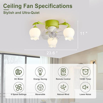 Flower Ceiling Fan with Light: Green Flower Fan Lights for Girls Bedroom - Flush Mount Fandelier for Living Room - 3-Light Modern Chandelier with Fan for Home Decor Enthusiasts
