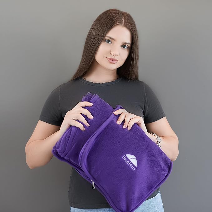 BlueHills Travel Blanket Pillow Premium Soft Plush for Airplane Travel Size Blanket Throw Long Flight Essentials in Compact Bag Plane Portable Lightweight Purple T021