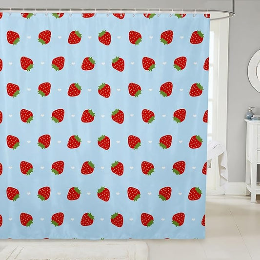 Feelyou Strawberry Fabric Shower Curtain Blue Shower Curtain for Kids Boys Girls Kawaii Fruit Bathroom Waterproof Accessories with 12 Hooks Cute Curtains,72x72 Inches