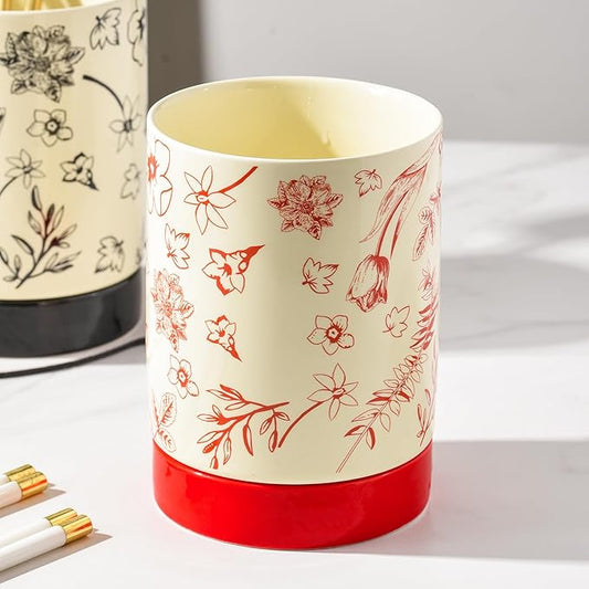 Small Utensil Holder for Kitchen Counter H5.9 x W4.1”, Ceramic Floral Cooking Utensil Crocks Countertop Organizer with Flowers