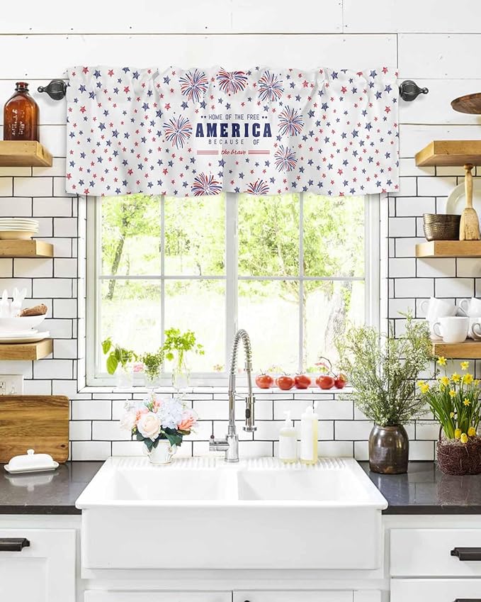 Vandarllin 4th of July Kitchen Curtains Valances for Windows Patriotic America Stars Fireworks Rod Pocket Window Treatment for Kitchen/Living Room/Bedroom/Bathroom, 42" X 18", Red White Blue