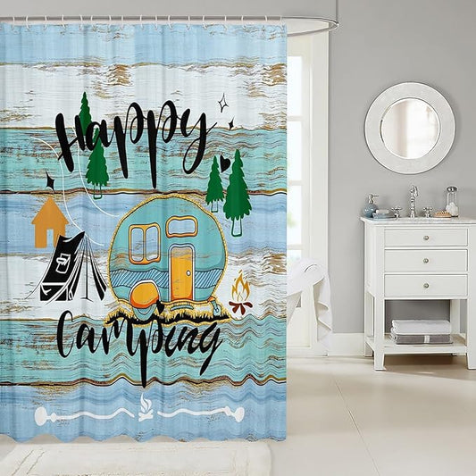 Feelyou Happy Camping Bathroom Waterproof Accessories with 12 Hooks Blue and Orange Camper Fabric Shower Curtain for Kids Farmhouse Style Shower Curtain Vintage Barn Door Curtains,72X84 Inches