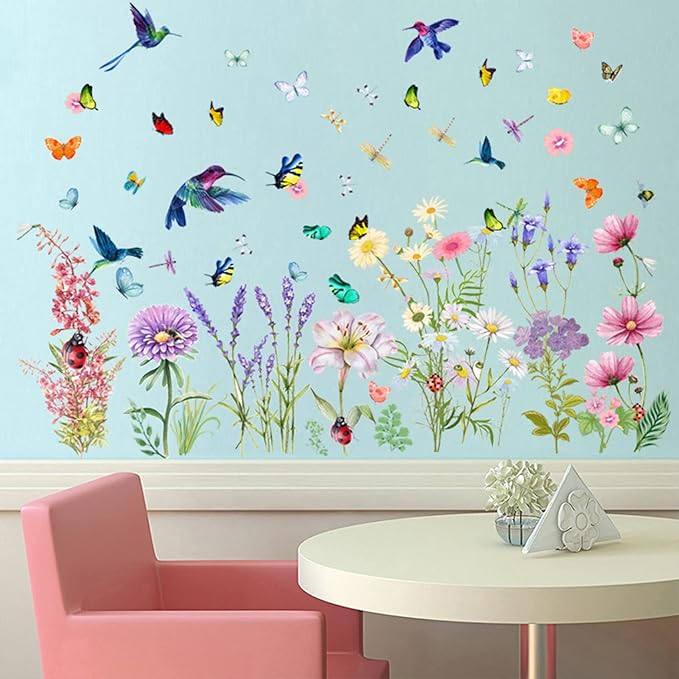 Garden Flower Wall Decals Window Clings, Narcissus Iris Florals Window Decals Peel and Stick, Green Leaves Wall Vinyl Decal, Butterfly Bouquet Wall Art Decor for Girls Bedroom Window Doors