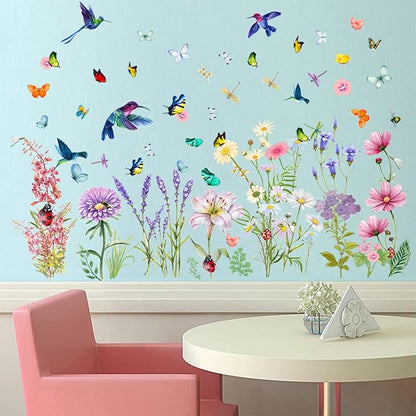 Garden Flower Wall Decals Window Clings, Narcissus Iris Florals Window Decals Peel and Stick, Green Leaves Wall Vinyl Decal, Butterfly Bouquet Wall Art Decor for Girls Bedroom Window Doors