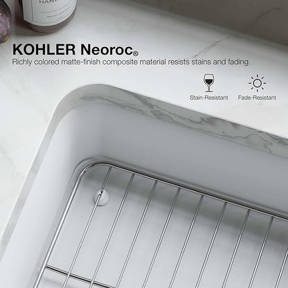 KOHLER K-28000-CM6 Cairn 27.5" Neoroc Composite Undermount Single-Bowl Kitchen Sink, Composite Kitchen Sink with Sink Rack, Matte White