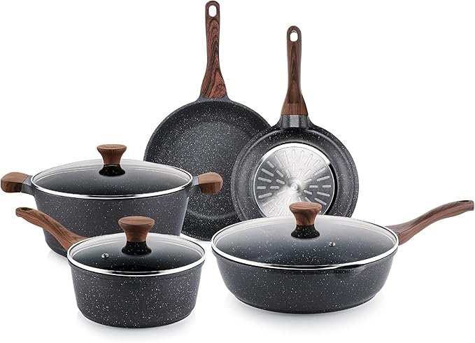SENSARTE Nonstick Cookware Set 8-Piece, Healthy Pots and Pans Non-toxic Kitchen Cooking Set with Swiss Granite Coating, Stay-Cool Handles, Induction Compatible, PFOA free