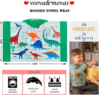 VOOVA & MOVAS Large Kids Hooded Towels | Soft Cotton (30X50 inches) Beach, Bath, Pool Towel with Hood | Summer Beach Stuff for Boys&GirlsAges 3-10 for Toddler,Jungle Dinosaur | Dino