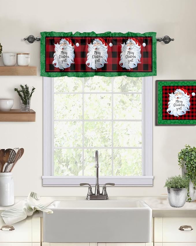 Merry Christmas Y'all Kitchen Curtains Valances for Windows Xmas Santa Claus Rod Pocket Window Treatment for Kitchen/Living Room/Bedroom/Bathroom,42" X 18" -1 Panel, Red Buffalo Plaid