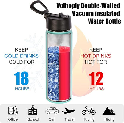 Volhoply 24 Ounce Insulated Water Bottle With Straw Lid,Stainless Steel Wide Mouth Sport Bottles With Handle,Double Wall Vacuum Thermos keep Cold,Reusable Travel Thermal Cups For Holder,Gym(Mint,1)