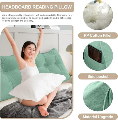 Large Triangular Headboard Pillows Long Backrest Positioning Support Bolster Cushion for Daybed Fluffy Quality Plush Body Wedge Pillow with Removable Cover(Light green-Twin/Twin XL-39x8x20 in)