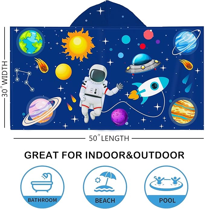 Spaceman Hooded Beach Towel for Kids, Cute Space Man Bath Towel with Hood, Boy Microfiber Super Absorbent Soft Poncho Bathrobe for Swin Pool 30" x 50”