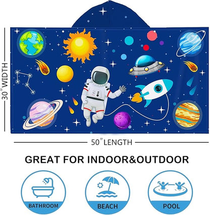 Spaceman Hooded Beach Towel for Kids, Cute Space Man Bath Towel with Hood, Boy Microfiber Super Absorbent Soft Poncho Bathrobe for Swin Pool 30" x 50”
