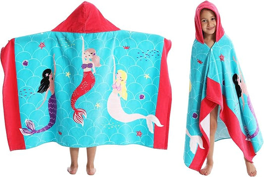 Kids Hooded Beach Bath Towel, Baby Surf Poncho Toddlers Soft Real Cotton Wrap Hooded Towels for Kids Boy Girl