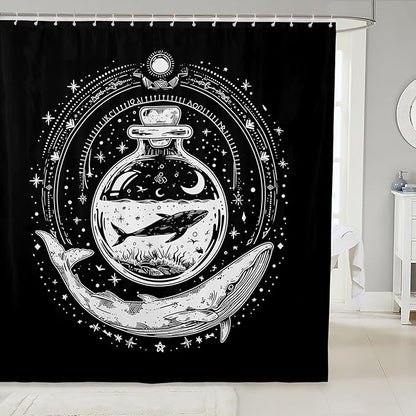 Feelyou Whale Shower Curtain Ocean Themed Fabric Shower Curtain for Kids Boys Girls Bohemian Galaxy Bathroom Waterproof Accessories with 12 Hooks Black and White Curtains,72X78 Inches