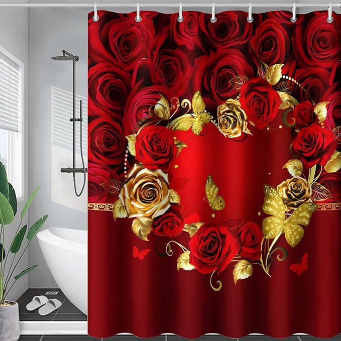 AILONEN Red Rose Couple Shower Curtain,Red and Gold Hearts Printed Bath Curtain,Modern Waterproof Luxury Rose Themed Bathroom Decor, 48" W x 72" H