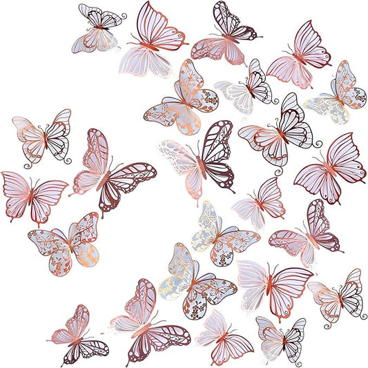 3D Butterfly Wall Decor 3 Sizes 4 Styles, Kurilai 48Pcs Butterfly Decorations Party Birthday Cake Decoration, Removable Wall Stickers for Kids Nursery Wedding Bedroom Room Decor (Rose Gold)