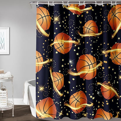 AILONEN Sports Basketball Shower Curtain for Bathroom, Space Planet Ball Print Bath Curtain,Yellow Star Basketball Kids Boys Bathroom Decor Waterproof 72" W*78" H Inch with 12 Plastic Hooks
