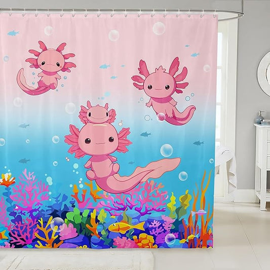 Feelyou Boys Girls Cute Axolotl Bath Curtain Ocean Sealife Shower Curtain Kids Cartoon Salamander Bathroom Shower Curtain Set Kawaii Teens Bathroom Accessories Room Decor 72"x78"