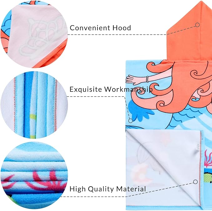 Kids Blue Mermaid Hooded Beach Towel Girls Cute Poncho Pool Towels with Hood 24*47 in Soft Microfiber Swim Cover-ups Kids Ages 3-10 Thick Absorbent Cotton Hooded Bath Towel Wrap Bathrobe