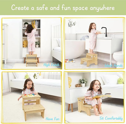 Forbena Wooden 2 Step Stool for Toddlers, Heavy Duty Kids Step Stool for Bathroom Sink Kitchen Counter, Bamboo Wood Non-Slip Kid Children Potty Stepping Stool Seat with Handles for Toilet Bed