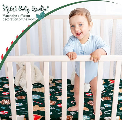 JISEN Christmas Crib Sheet Gingerbread Fitted Crib Sheet for Boys Girls Crib Mattress Cover Baby Sheet for Standard Crib and Toddler Mattress Soft Breathable Baby Bed Sheet for Neutral 52x28 Inch