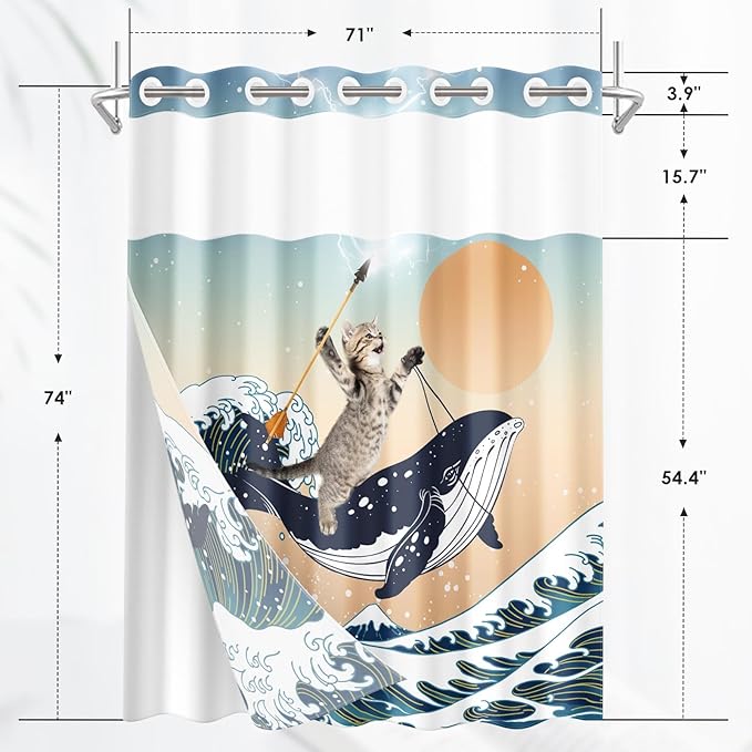 Funny Whale Cat No Hook Shower Curtain with Snap in Liner, Ocean Wave Sea Blue Orange Bath Curtain with Double Layers Waterproof Fabric and Mesh Top Window 71x74 Inch