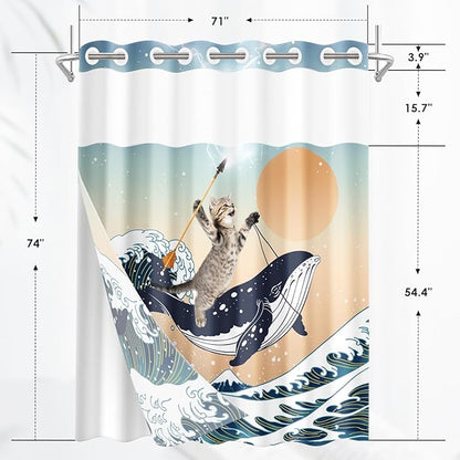 Funny Whale Cat No Hook Shower Curtain with Snap in Liner, Ocean Wave Sea Blue Orange Bath Curtain with Double Layers Waterproof Fabric and Mesh Top Window 71x74 Inch