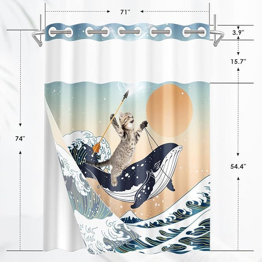 Funny Whale Cat No Hook Shower Curtain with Snap in Liner, Ocean Wave Sea Blue Orange Bath Curtain with Double Layers Waterproof Fabric and Mesh Top Window 71x74 Inch