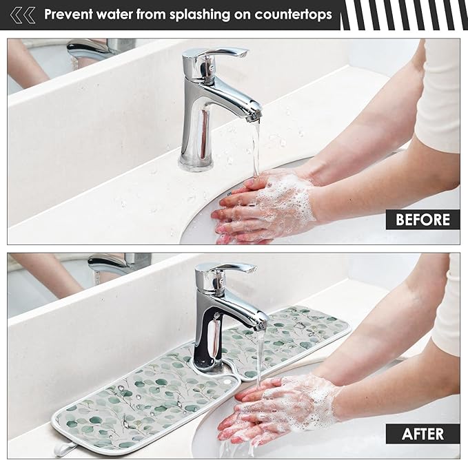Kitchen Faucet Absorbent Mat,Flower Green Leaves Water Splash Guard for Sink, Faucet Drip Catcher Thicken Sponge Microfiber Faucet Water Catcher Mat Sink Absorbent Mat for Kitchen 14x5in 2 Pack