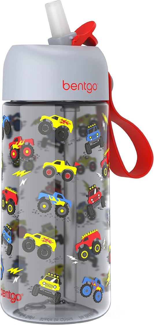 Bentgo Kids Water Bottle - Leak-Proof, Durable Tritan™, BPA-Free 15 oz. Cup for Kids/Toddlers Ages 3+ - Flip-Up Straw & Dishwasher Safe for School, Sports, Daycare & Camp (Trucks)