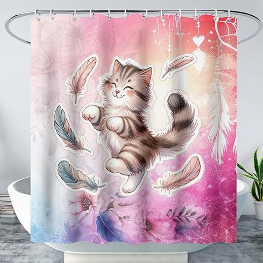 AILONEN Cartoon Cat Shower Curtain,Kawaii Dance Kitten and Feathers Bathroom Curtain Set for Kids Boys,Cute Animal Kittens Waterproof Shower Curtain for Bathroom, 36" W*72" H Pink