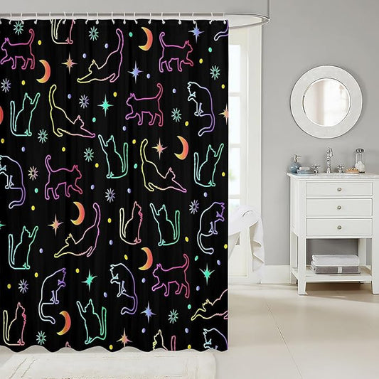 Cartoon Cats Kids Shower Curtains,Sun Moon Starry Sky Outer Space Boho Bathroom Curtains for Girls Boys,Cartoon Pet Animals Silhouettes Colorful Waterproof Curtains,12 Hooks Suits,72"W x 84"L