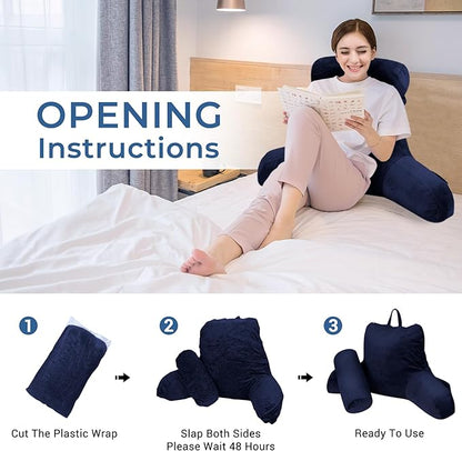COOLBEBE Reading Pillow for Bed Backrest Pillow for Bed Sitting Up Adult with Arms Navy Back Support Pillow with Headrest & Pockets, Removable Washable Cover and Detachable Neck Roll(Standard 18")