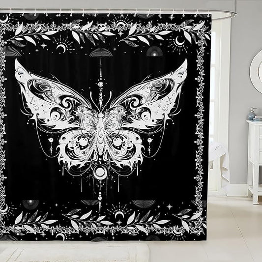 Feelyou Boho Butterfly Fabric Shower Curtain Bohemian Moth Shower Curtain for Kids Boys Girls Moon Galaxy Bathroom Waterproof Accessories with 12 Hooks Black and White Curtains,72X84 Inches