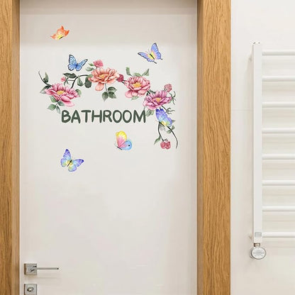 2 Sets Bathroom Decor Wall Stickers, Peony Roses Wall Stickers Floral Wall Decals, Watercolor Flowers Lily Daisy Butterfly Dragonfly Bird Wall Stickers for Bathroom Bedroom Living Room