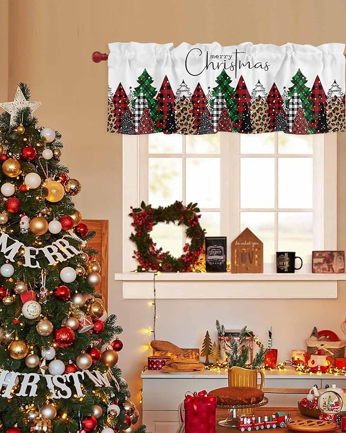 Merry Christmas Valance Curtains for Kitchen Windows Buffalo Plaid Xmas Tree Winter Forest Farmhouse Rod Pocket Window Treatment Toppers for Kitchen/Living Room/Bedroom/Bathroom, 54" X 18",Red Green