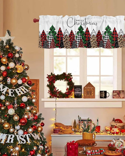 Merry Christmas Valance Curtains for Kitchen Windows Buffalo Plaid Xmas Tree Winter Forest Farmhouse Rod Pocket Window Treatment Toppers for Kitchen/Living Room/Bedroom/Bathroom, 54" X 18",Red Green