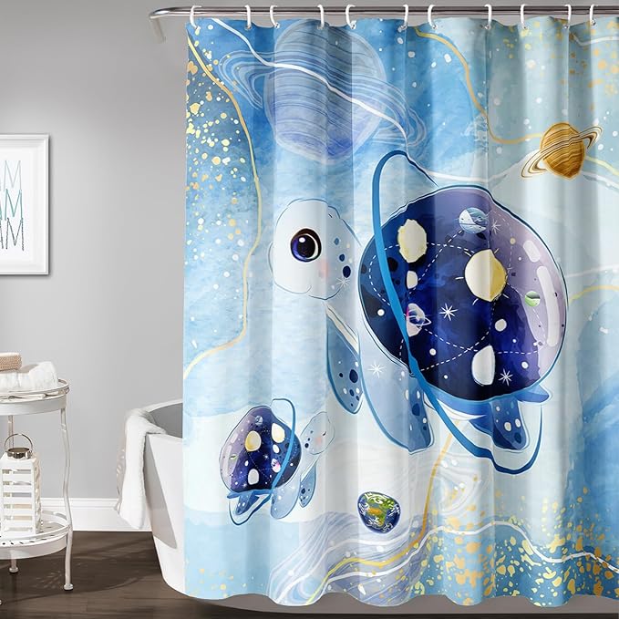 AILONEN Sea Turtle Shower Curtain,Blue Space Planet Turtle Bath Curtain,Watercolor Ocean Turtle Shower Curtain Waterproof for Bathroom Decor with 12 Plastic Hooks, 72" W*72" H