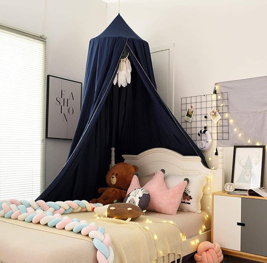 Mengersi Bed Canopy Play Tent for Kids, Round Dome Kids Mosquito Net Indoor Outdoor Castle Hanging House Decoration Reading Nook (Dark Blue)