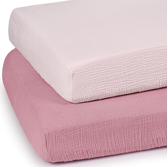 Mini Crib Sheets Muslin: Pack and Play Sheets for Boys and Girls - Cotton Fitted Crib Sheet for Pack N Play Mattress and Playard 2Pack 24"x38"