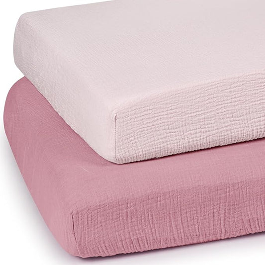 Mini Crib Sheets Muslin: Pack and Play Sheets for Boys and Girls - Cotton Fitted Crib Sheet for Pack N Play Mattress and Playard 2Pack 24"x38"