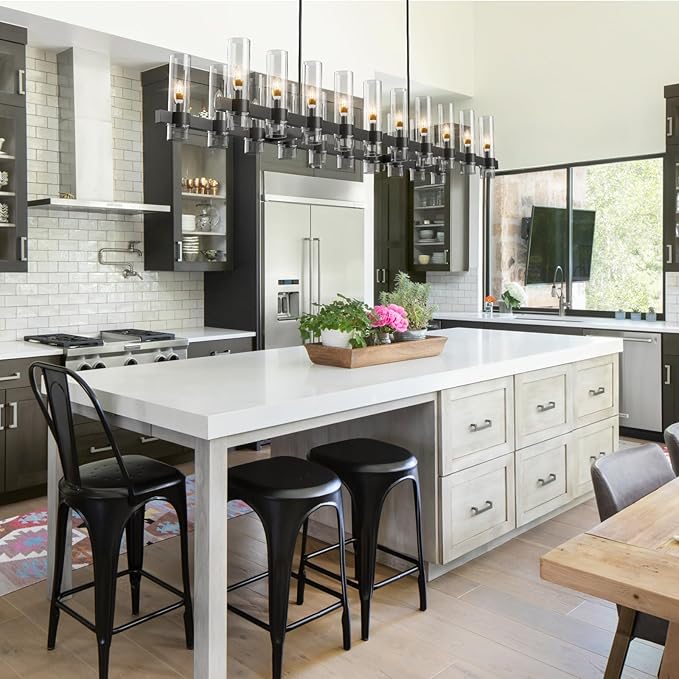 Black Kitchen Island Lighting-20-Light Linear Chandelier, Adjustable 67.7'' Modern Farmhouse Rectangle Pendant Light Fixtures, Dining Room, Bedroom
